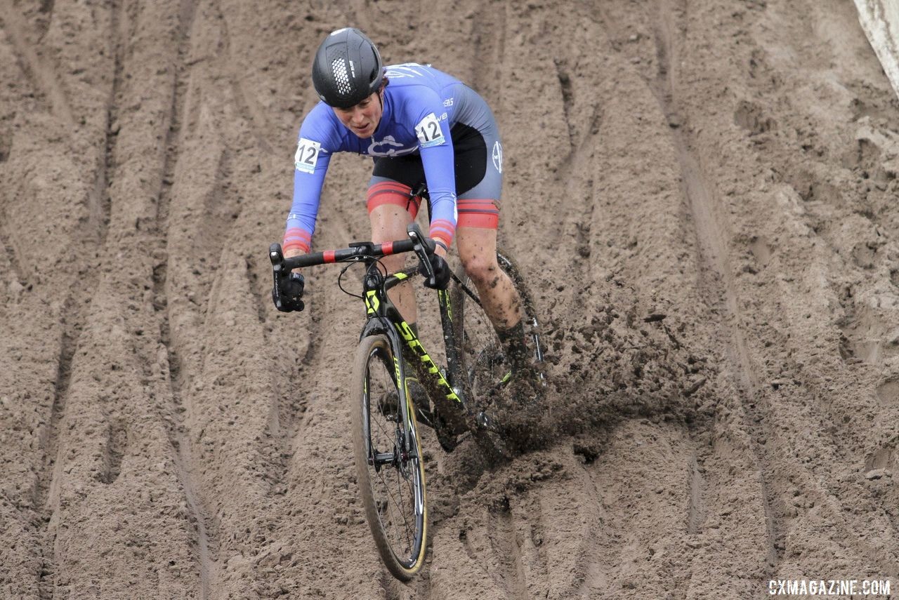 Corey Coogan Cisek drops into De Kuil. 2019 Superprestige Zonhoven. © B. Hazen / Cyclocross Magazine