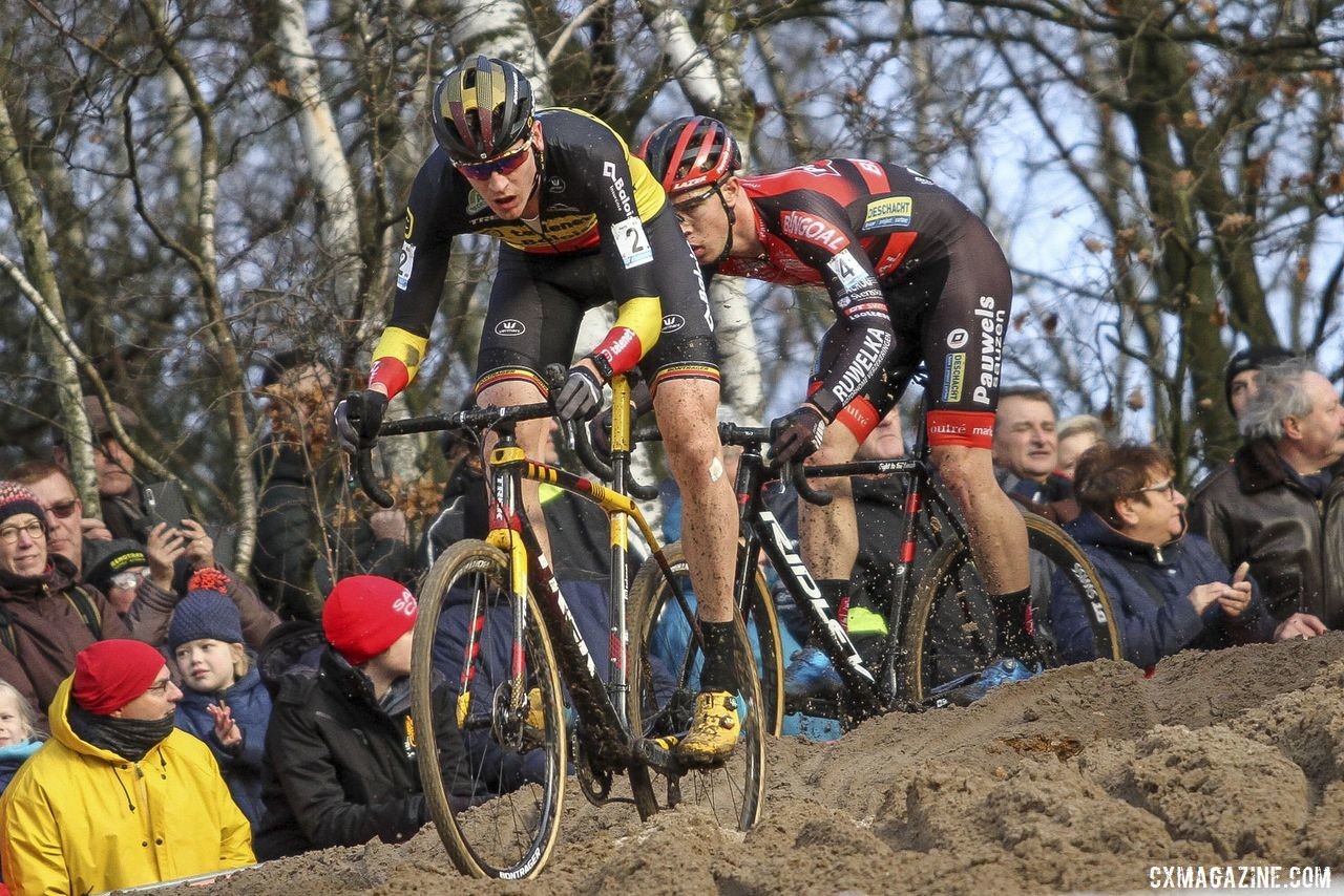 Laurens Sweeck bridged to Toon Aerts to make it a two-man battle into the last lap. 2019 Superprestige Zonhoven. © B. Hazen / Cyclocross Magazine