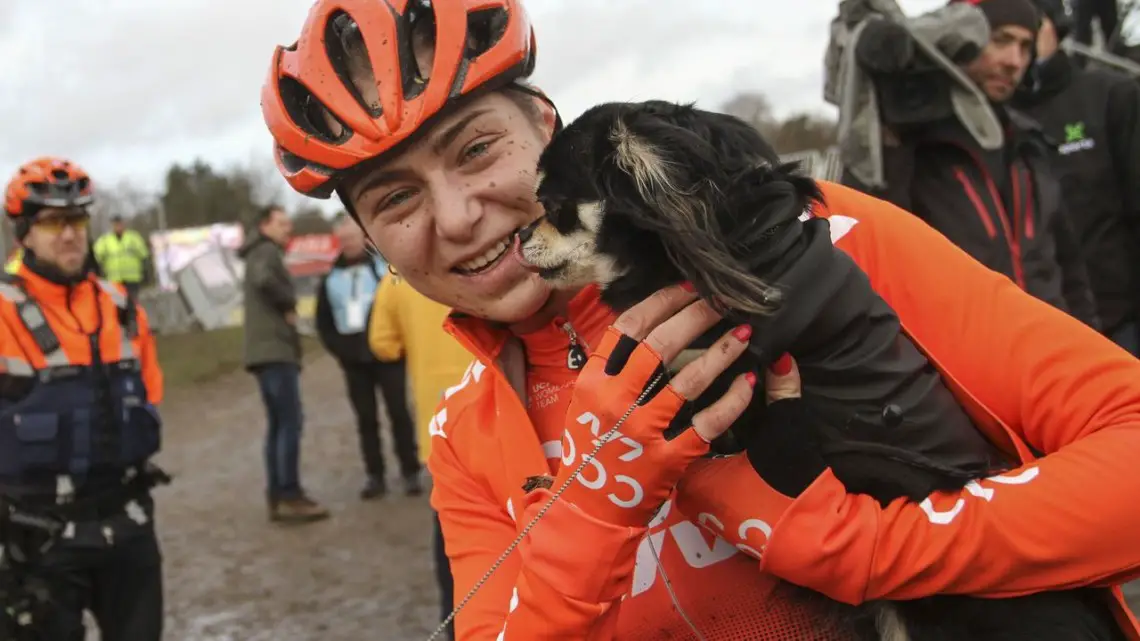 Wide-angle podium puppies for Inge van der Heijden. 2019 Superprestige Zonhoven. © B. Hazen / Cyclocross Magazine