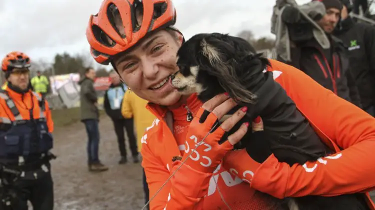 Wide-angle podium puppies for Inge van der Heijden. 2019 Superprestige Zonhoven. © B. Hazen / Cyclocross Magazine