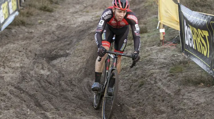 Laurens Sweeck bridged up to Toon Aerts and then finished second after a crash. 2019 Superprestige Zonhoven. © B. Hazen / Cyclocross Magazine