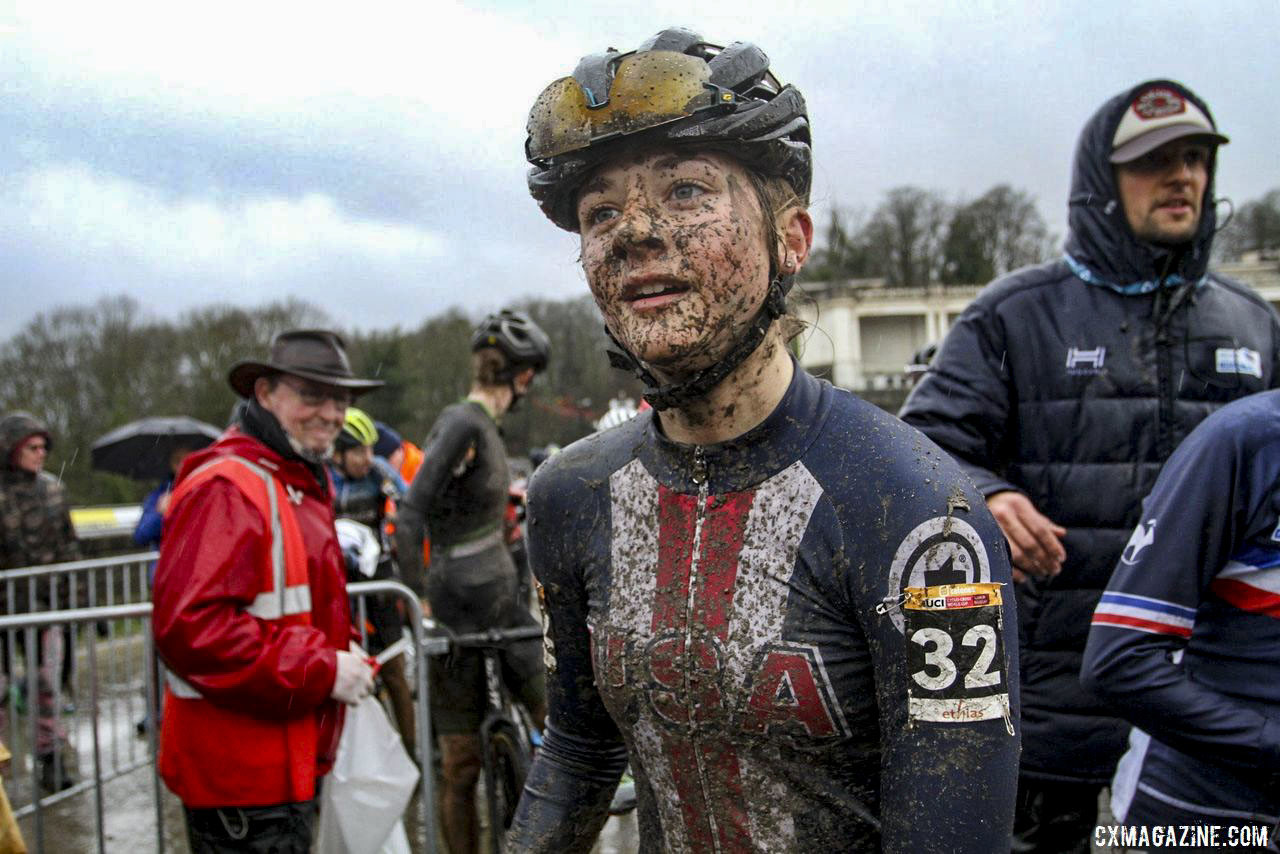 Lizzy Gunsalus has been able to represent Team USA with the USA Cycling Mud Fund. 2019 World Cup Namur. © B. Hazen / Cyclocross Magazine