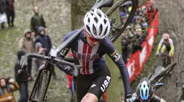 Madigan Munro heads upward and forward up the steep run-up. 2019 World Cup Namur. © B. Hazen / Cyclocross Magazine