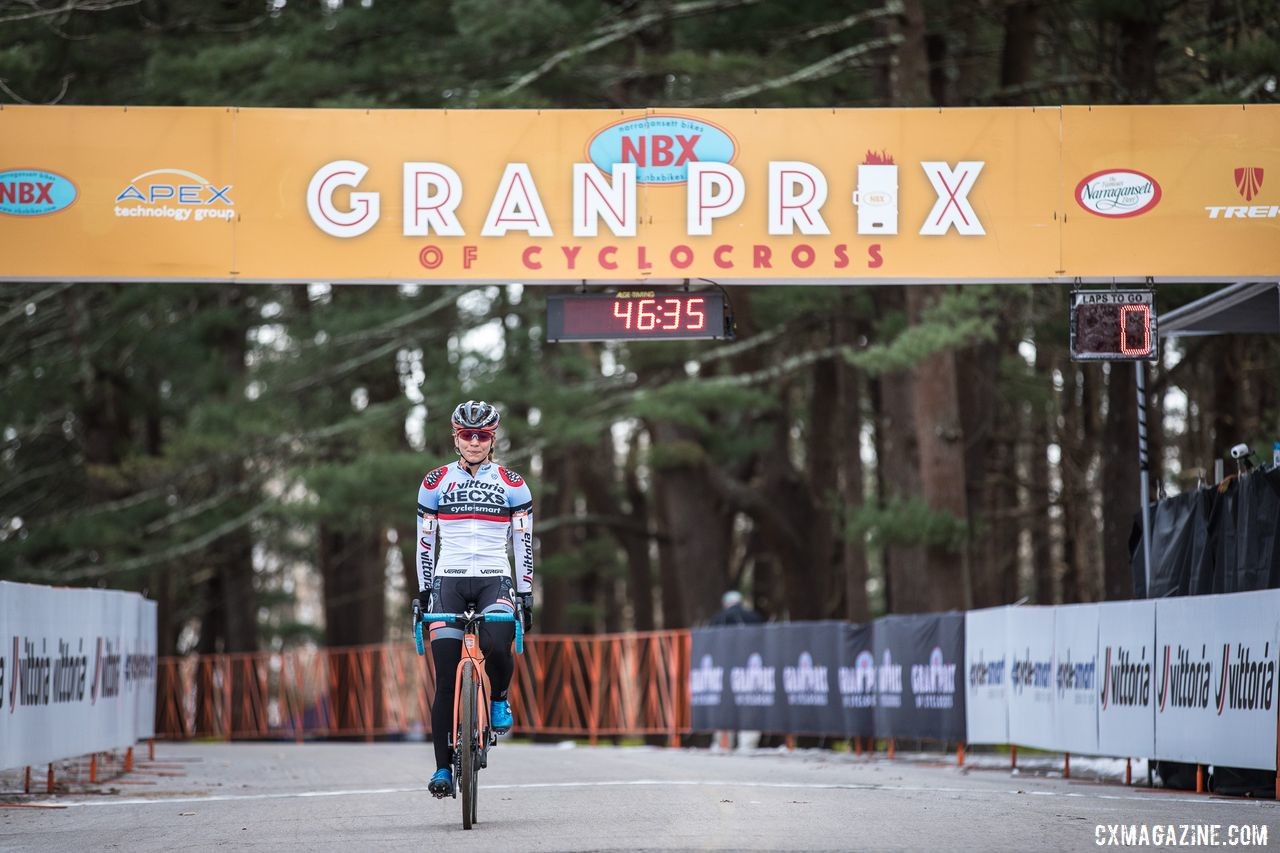 No T-Rex on Sunday as Rebecca Fahringer celebrates her win. 2019 NBX Gran Prix of Cross Day 2. © Angelica Dixon