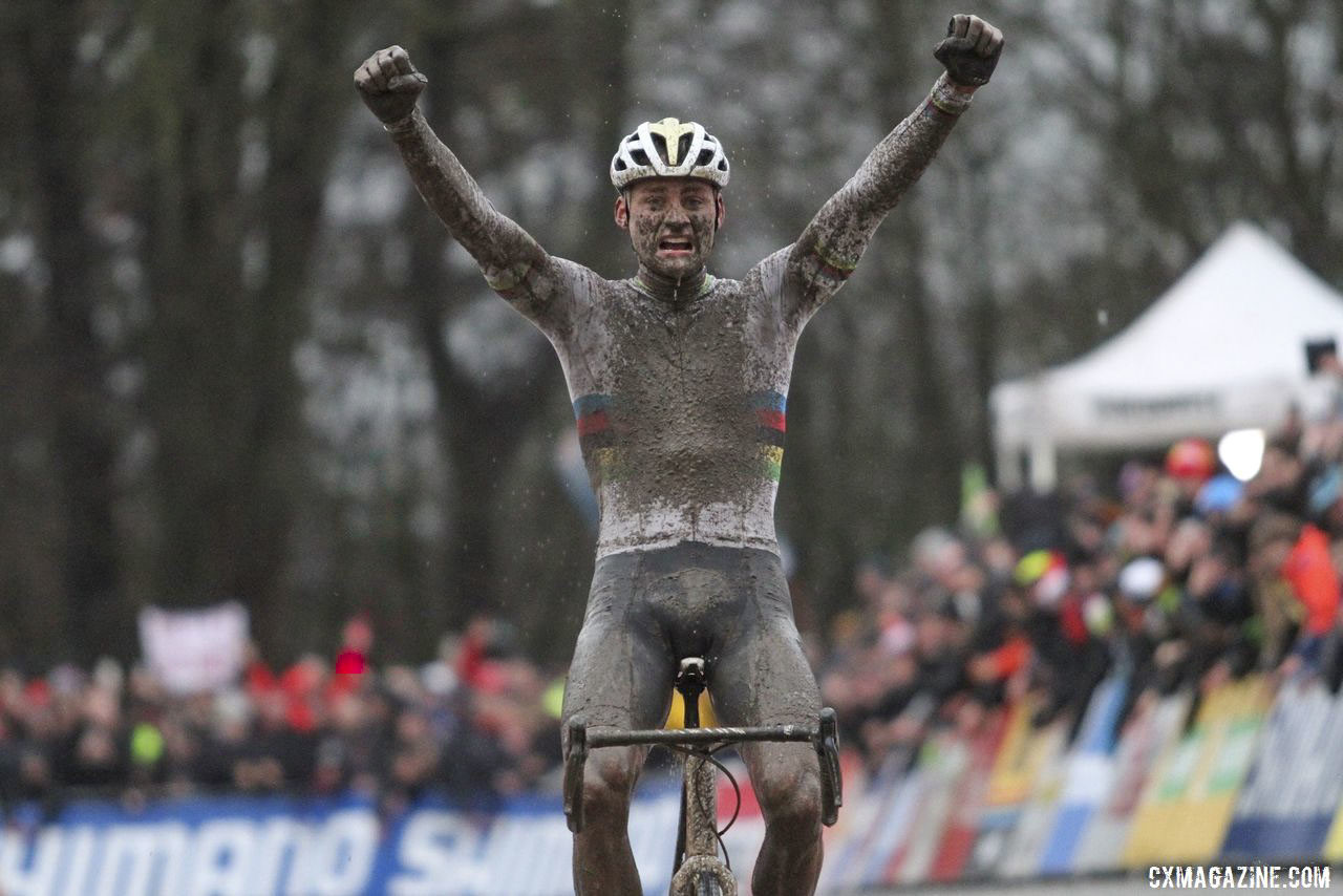 A cold, wet, muddy Mathieu van der Poel celebrates his win. 2019 World Cup Namur. © B. Hazen / Cyclocross Magazine