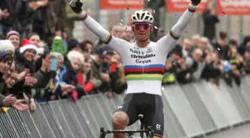 Mathieu van der Poel celebrates his Zolder win. 2019 World Cup Zolder. © B. Hazen / Cyclocross Magazine
