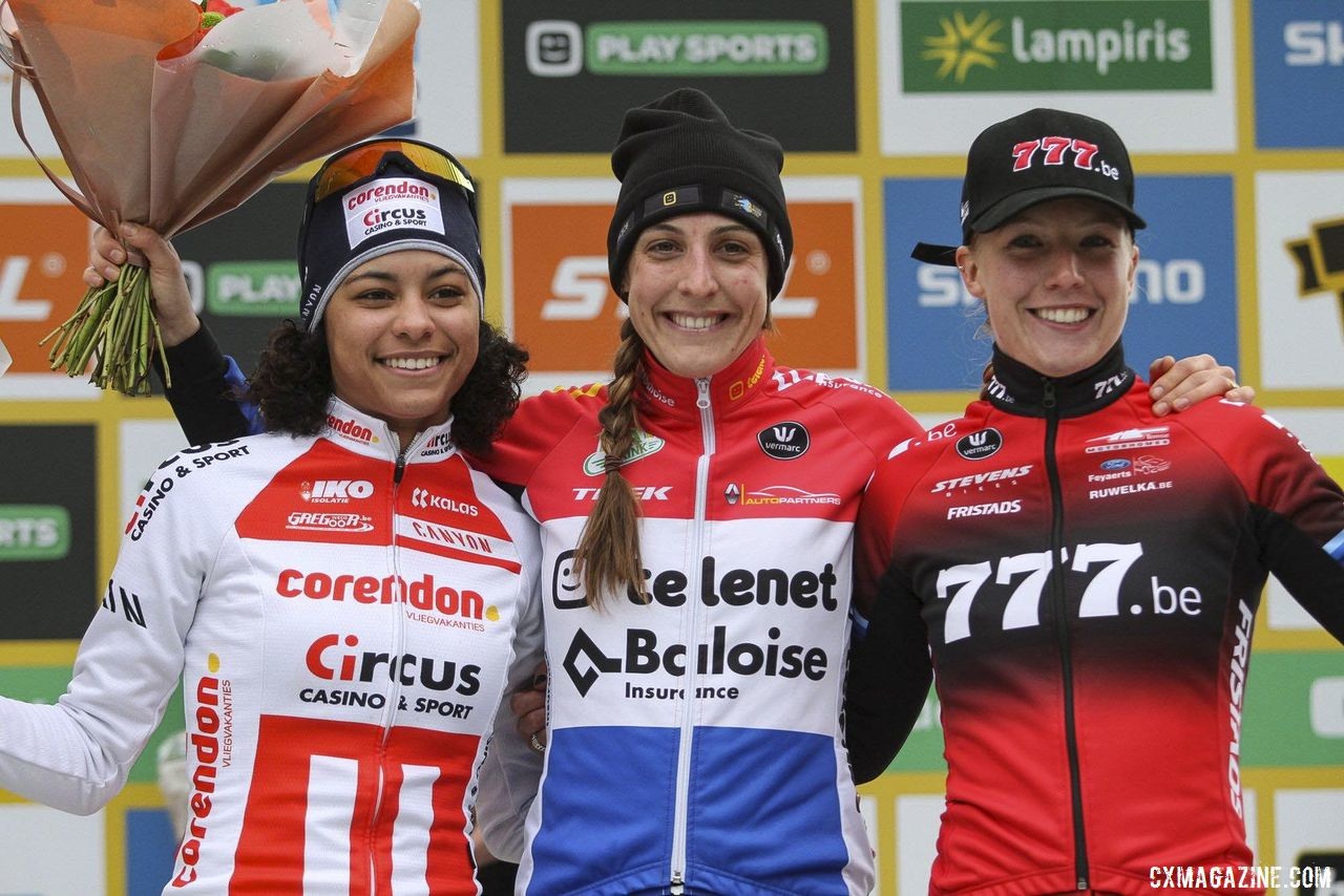 Elite Women's podium: Lucinda Brand, Ceylin Alvarado and Annemarie Worst. 2019 World Cup Zolder. © B. Hazen / Cyclocross Magazine