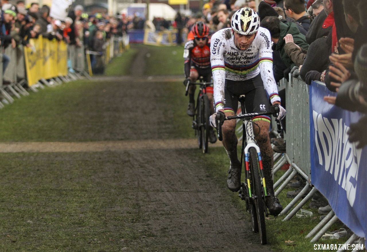 Van der Poel eventually caught and passed Iserbyt for the win. 2019 Azencross, Loenhout. © B. Hazen / Cyclocross Magazine