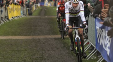 Van der Poel eventually caught and passed Iserbyt for the win. 2019 Azencross, Loenhout. © B. Hazen / Cyclocross Magazine