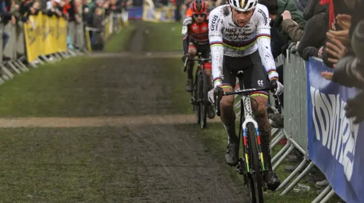 Van der Poel eventually caught and passed Iserbyt for the win. 2019 Azencross, Loenhout. © B. Hazen / Cyclocross Magazine