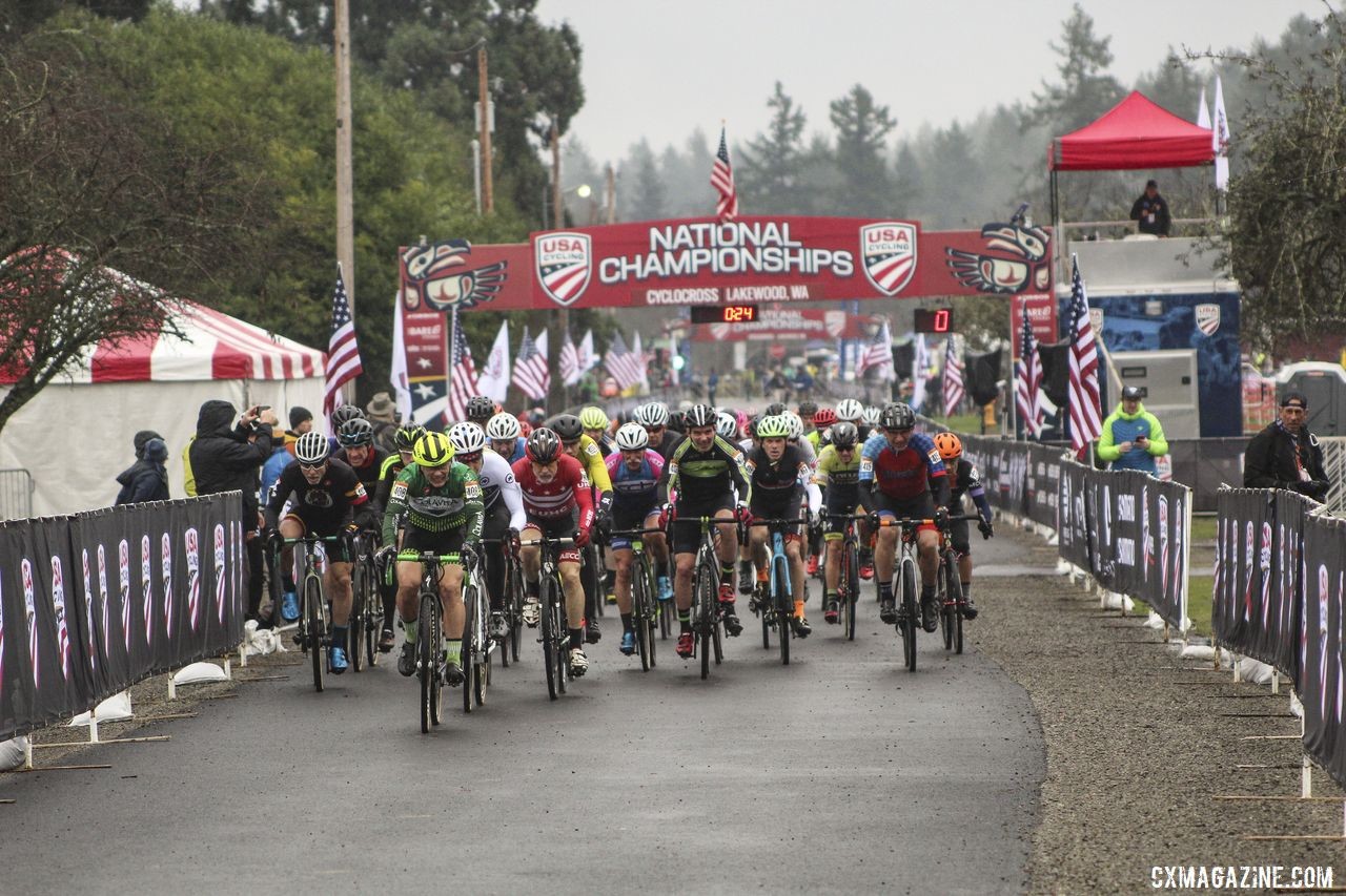 Harry Hamilton leads the holeshot out. Masters Men 60-64. 2019 Cyclocross National Championships, Lakewood, WA. © Z. Schuster / Cyclocross Magazine