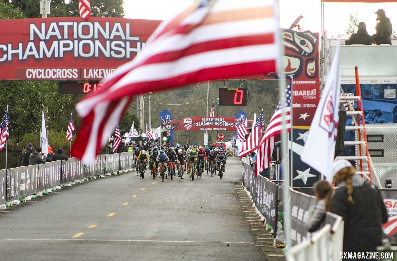 Libbey Sheldon led out the Masters Women 50-54 holeshot. © Cyclocross Magazine 