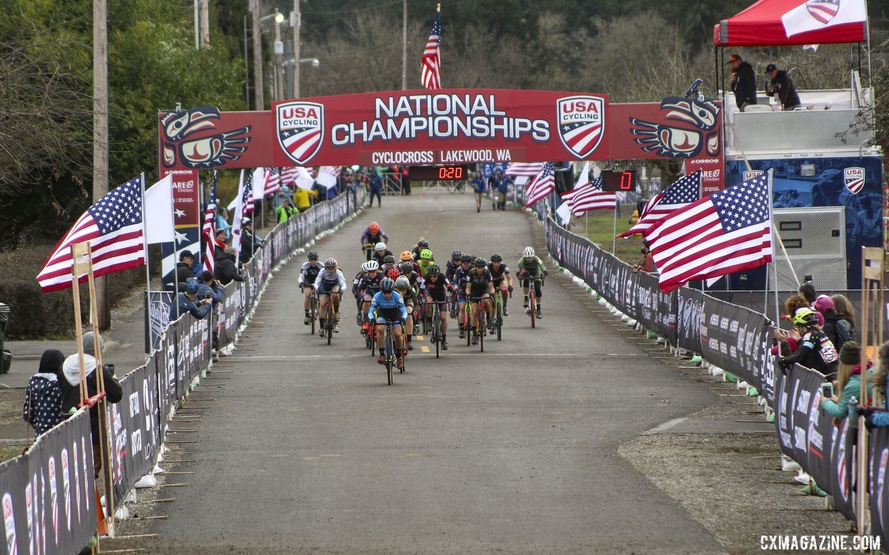 Tricia Fleischer leads the way down the start straight in the Masters Women 40-44 race. © Cyclocross Magazine