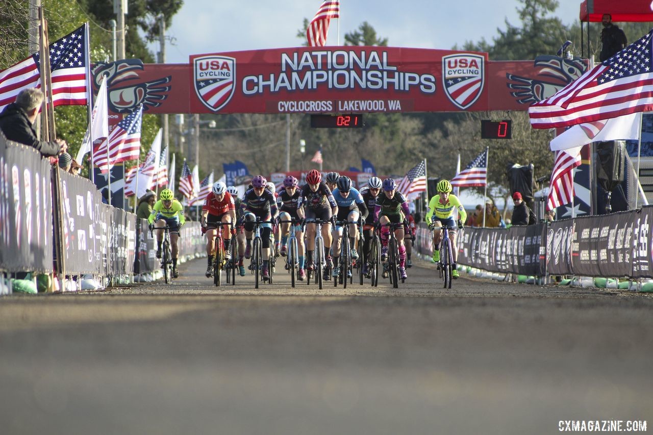 The Masters Women 35-39 roll down the start straight. © Cyclocross Magazine