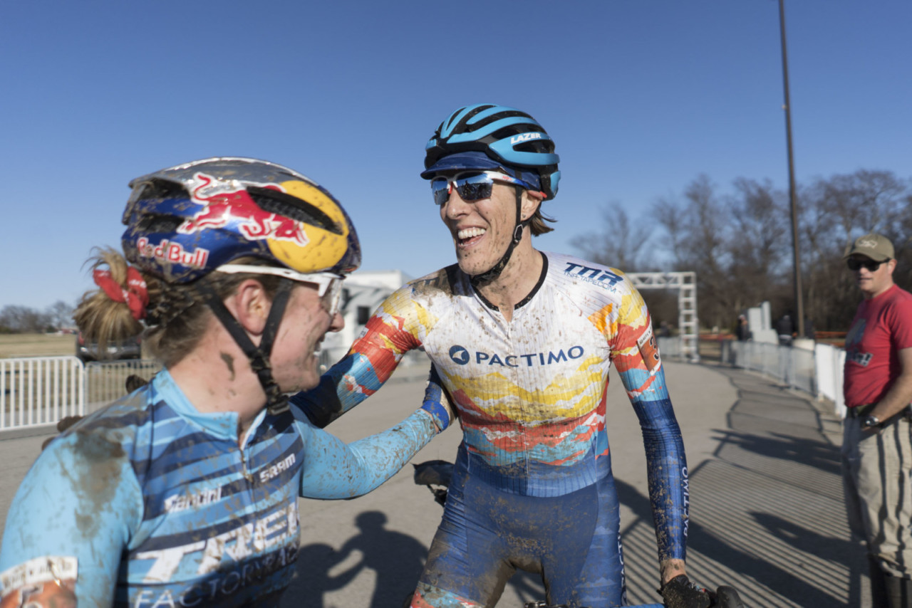 Sunny Gilbert and Ellen Noble share a laugh after Saturday's race. 2019 Ruts n' Guts Day 1. © P. Means / Cyclocross Magazine