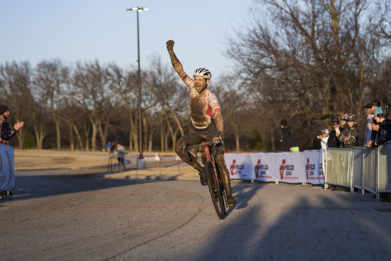 Michael van den Ham celebrates his close Day 1 win. 2019 Ruts n' Guts Day 1. © P. Means / Cyclocross Magazine