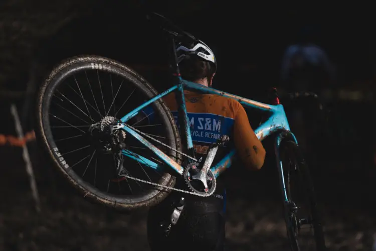 Beth Ann Orton shoulders her bike for one of the many running sections. 2019 Ruts n' Guts Day 2. © P. Means / Cyclocross Magazine