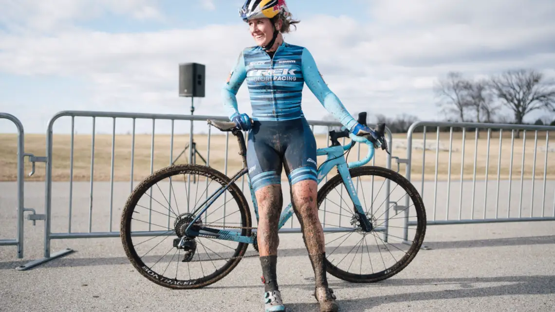 Ellen Noble takes a moment to enjoy her Sunday win. 2019 Ruts n' Guts Day 2. © P. Means / Cyclocross Magazine
