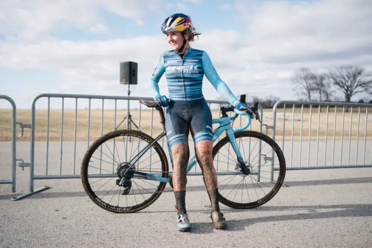 Ellen Noble takes a moment to enjoy her Sunday win. 2019 Ruts n' Guts Day 2. © P. Means / Cyclocross Magazine
