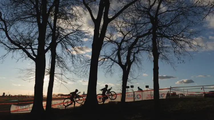 Lance Haidet and Michael van den Ham flow up the stairs. 2019 Ruts n' Guts Day 2. © P. Means / Cyclocross Magazine