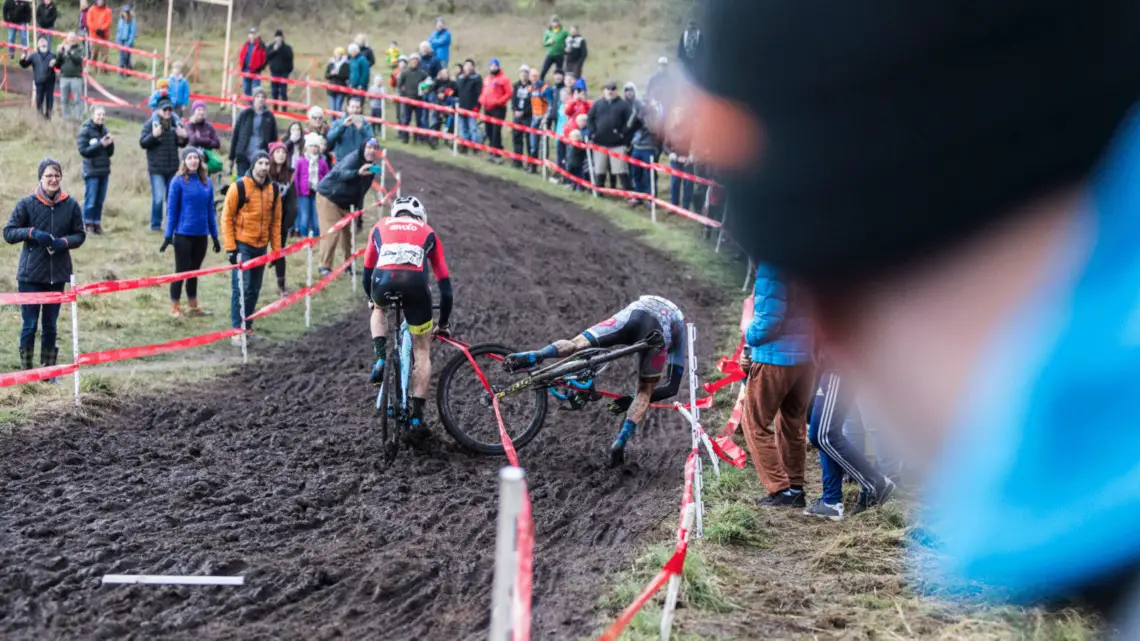 Gage Hecht and Kerry Werner get caught in the course tape on lap two at the 2019 Cyclocross Nationals. Photographer Mike Albright captured the sequence. © Mike Albright