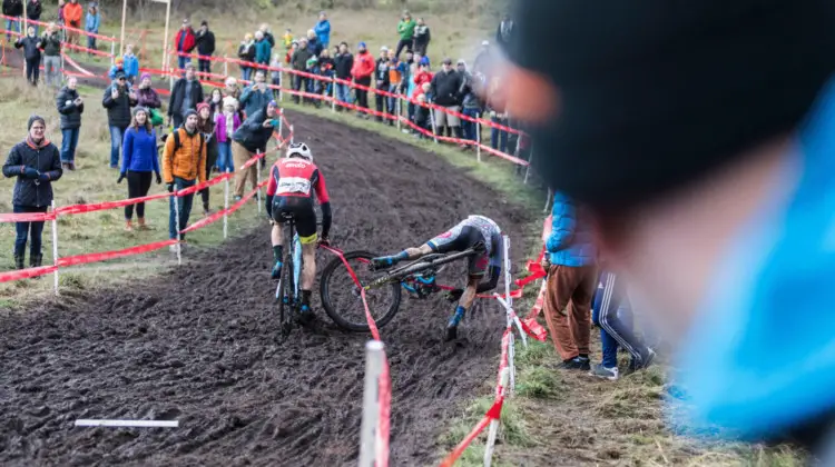 Gage Hecht and Kerry Werner get caught in the course tape on lap two at the 2019 Cyclocross Nationals. Photographer Mike Albright captured the sequence. © Mike Albright