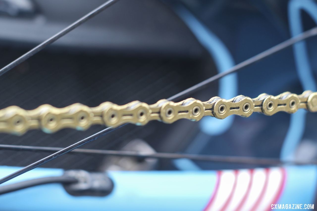 A gold KMC X11-SL chain adds some extra bling to Compton's build. Katie Compton's 2019 Trek Boone. © Z. Schuster / Cyclocross Magazine