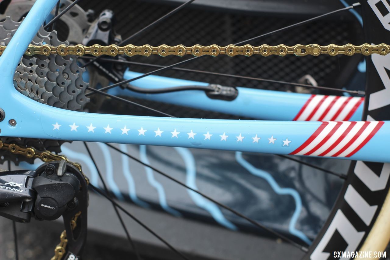 The chainstays pay homage to Compton's 14th National Championship in Reno. Mark Legg added an extra star after she won in Louisville. Katie Compton's 2019 Trek Boone. © Z. Schuster / Cyclocross Magazine