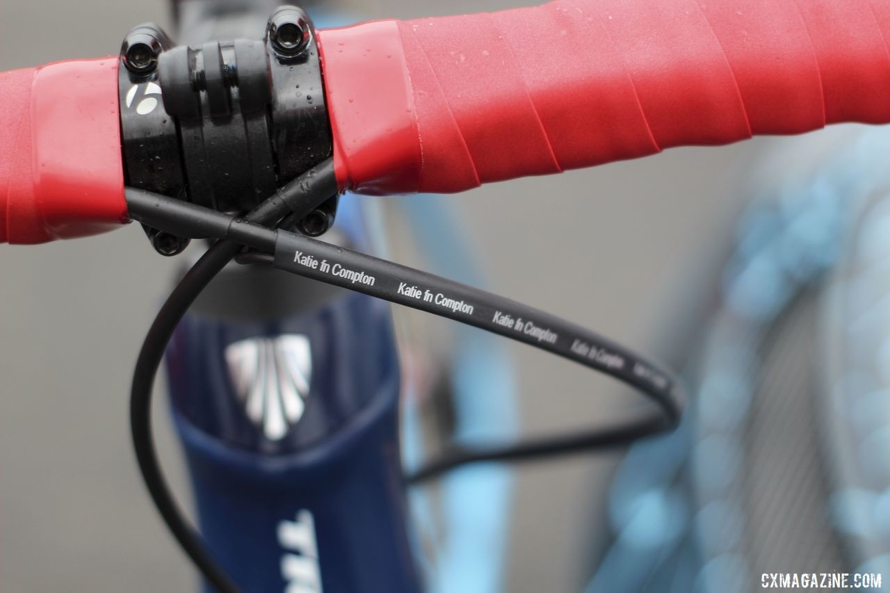 Legg uses special Katie fn Compton edition heat shrink wrap to bind the rear brake and Di2 cables together. Katie Compton's 2019 Trek Boone. © Z. Schuster / Cyclocross Magazine