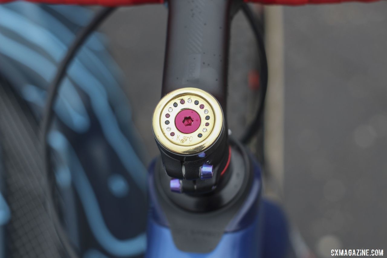 Compton's steerer cap features diamonds, rubies and sapphires, and it was made by Anemoni Jewelers of Deleware. Katie Compton's 2019 Trek Boone. © Z. Schuster / Cyclocross Magazine