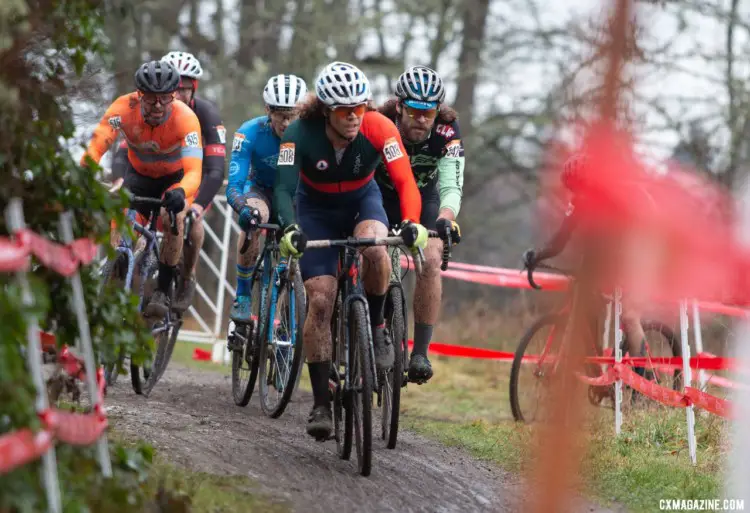 Breeze Keller leads a big pack on lap one. Masters Men 35-39. 2019 Cyclocross National Championships, Lakewood, WA. © A. Yee / Cyclocross Magazine
