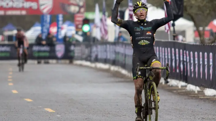 Caleb Thompson celebrates his win after a patient race. Masters Men 35-39. 2019 Cyclocross National Championships, Lakewood, WA. © A. Yee / Cyclocross Magazine