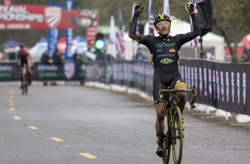 Caleb Thompson celebrates his win after a patient race. Masters Men 35-39. 2019 Cyclocross National Championships, Lakewood, WA. © A. Yee / Cyclocross Magazine