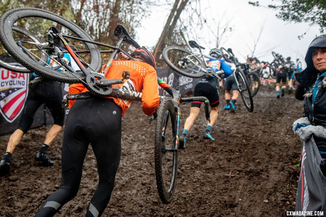 The Masters Men 60-64 riders charge up the second run-up. Masters Men 60-64. 2019 Cyclocross National Championships, Lakewood, WA. © A. Yee / Cyclocross Magazine