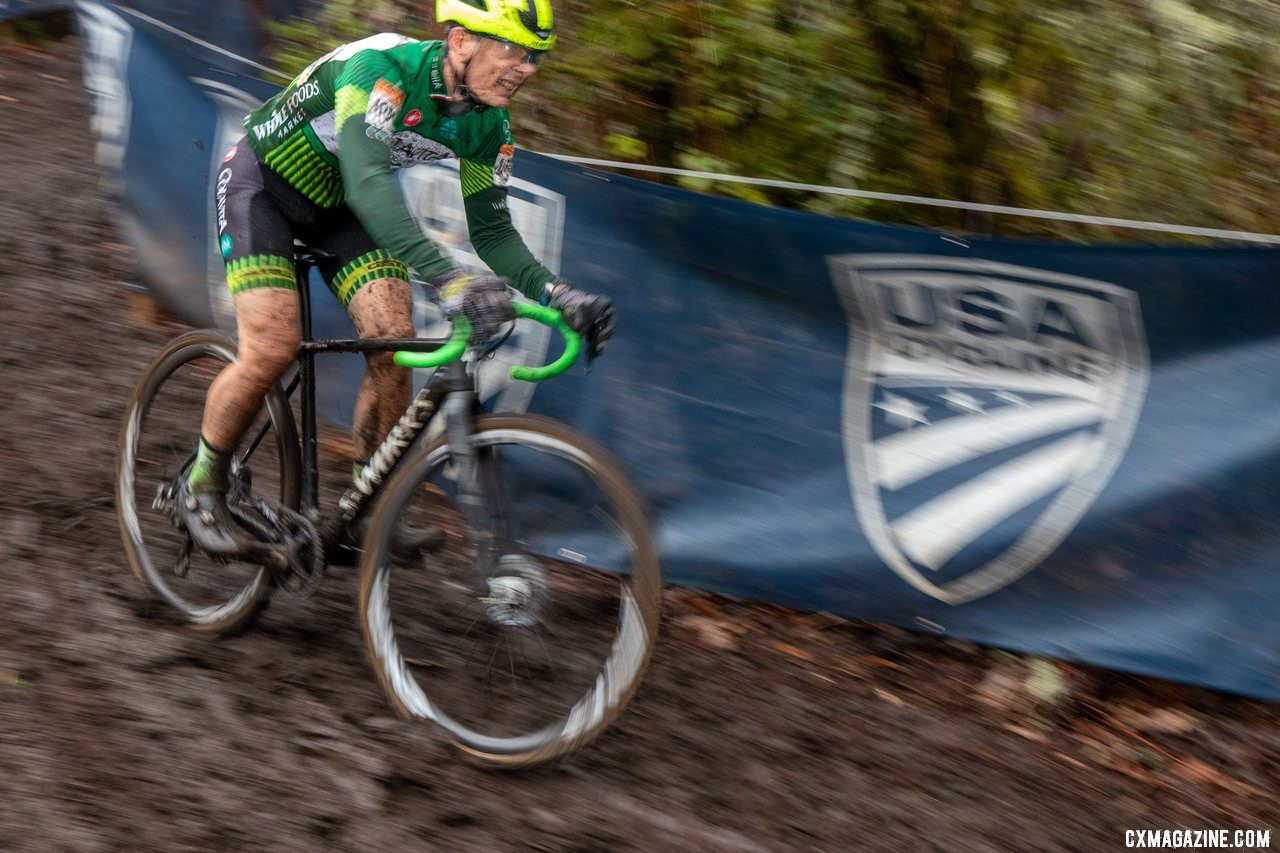 Harry Hamilton rolls down the descent toward his Masters 60-64 win. Masters Men 60-64. 2019 Cyclocross National Championships, Lakewood, WA. © A. Yee / Cyclocross Magazine