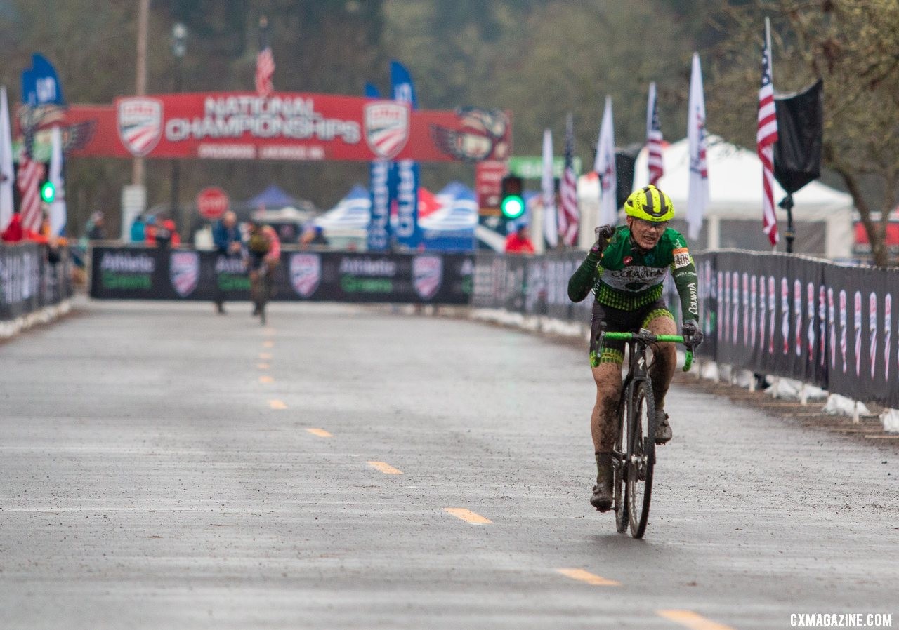 Harry Hamilton celebrates his win. Masters Men 60-64. 2019 Cyclocross National Championships, Lakewood, WA. © A. Yee / Cyclocross Magazine