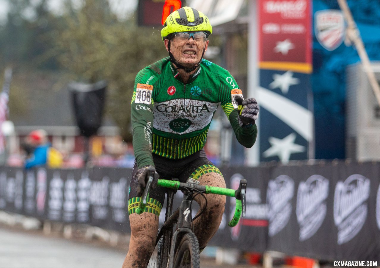 Harry Hamilton celebrates his gritty Wednesday win. Masters Men 60-64. 2019 Cyclocross National Championships, Lakewood, WA. © A. Yee / Cyclocross Magazine