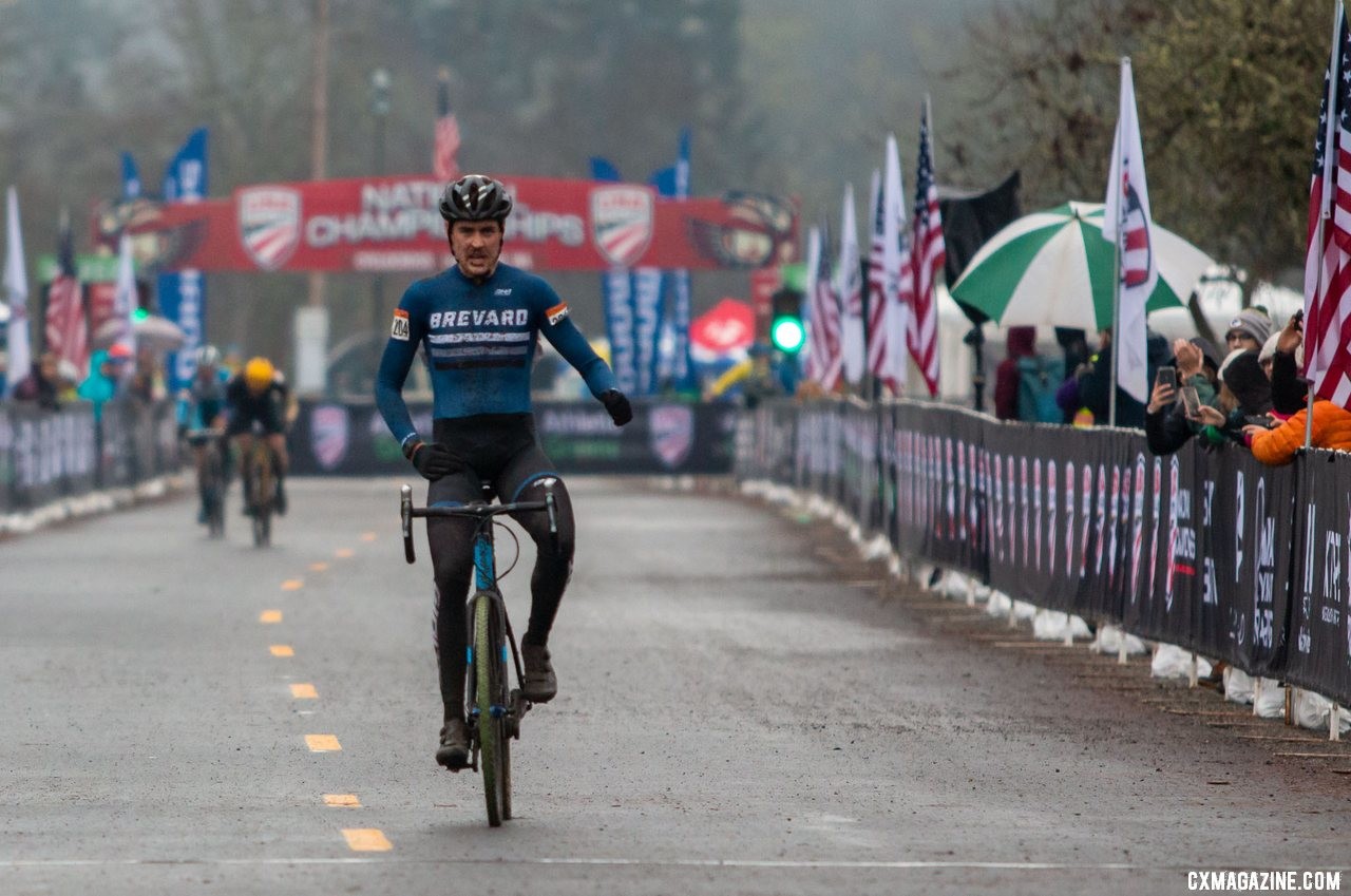 Perley celebrates his win after pass Schmalz as he ran to the pits. Masters 30-34 Men. 2019 Cyclocross National Championships, Lakewood, WA. © A. Yee / Cyclocross Magazine