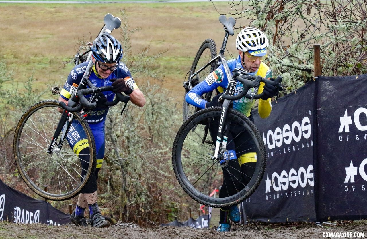 Smith and Curley were locked in a battle for the ages. Masters Men 65-69. 2019 Cyclocross National Championships, Lakewood, WA. © D. Mable / Cyclocross Magazine