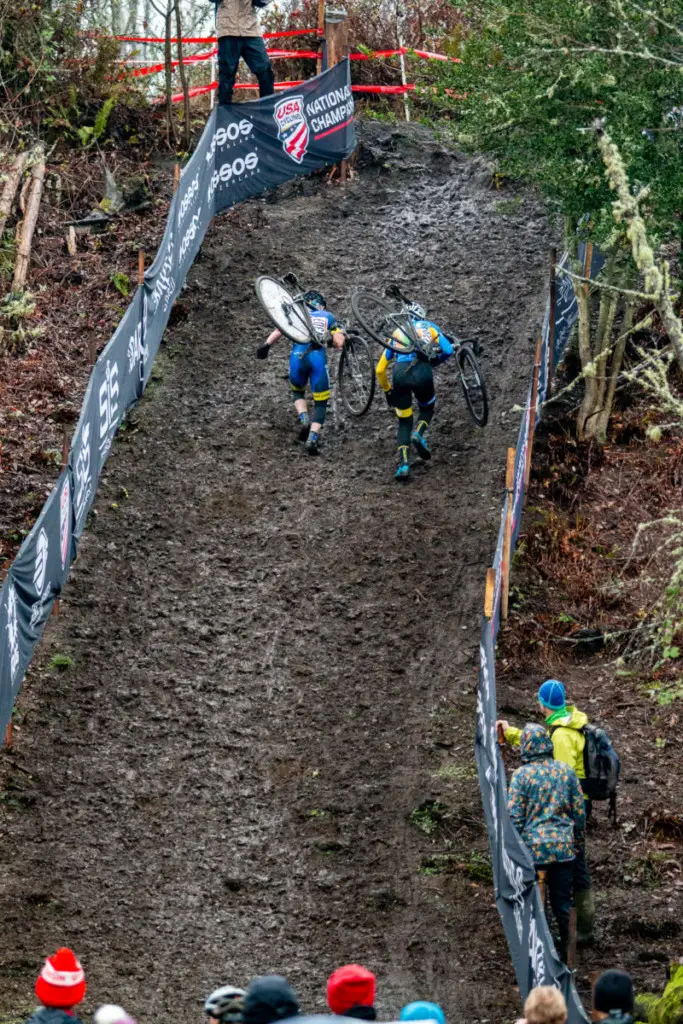 Paul Curley and George Smith had a battle for the ages with five lead changes on the last lap. Masters Men 65-69. 2019 Cyclocross National Championships, Lakewood, WA. © A. Yee / Cyclocross Magazine