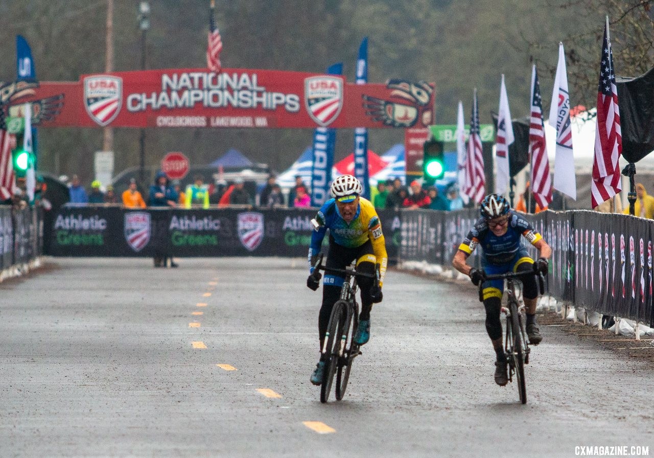 Paul Curley and George Smith had a battle for the ages with five lead changes on the last lap. Masters Men 65-69. 2019 Cyclocross National Championships, Lakewood, WA. © A. Yee / Cyclocross Magazine