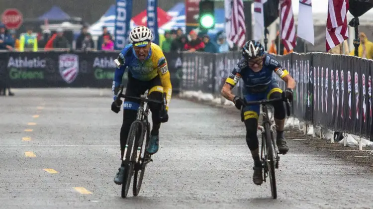 Paul Curley and George Smith had a battle for the ages with five lead changes on the last lap. Masters Men 65-69. 2019 Cyclocross National Championships, Lakewood, WA. © A. Yee / Cyclocross Magazine