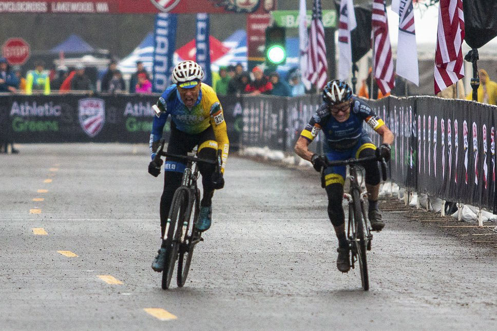 Paul Curley and George Smith had a battle for the ages with five lead changes on the last lap. Masters Men 65-69. 2019 Cyclocross National Championships, Lakewood, WA. © A. Yee / Cyclocross Magazine