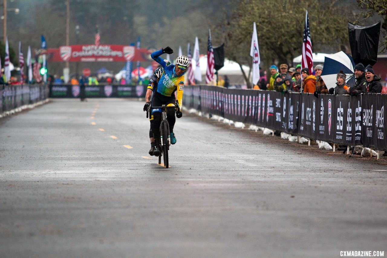 Paul Curley and George Smith had a battle for the ages with five lead changes on the last lap. Masters Men 65-69. 2019 Cyclocross National Championships, Lakewood, WA. © A. Yee / Cyclocross Magazine