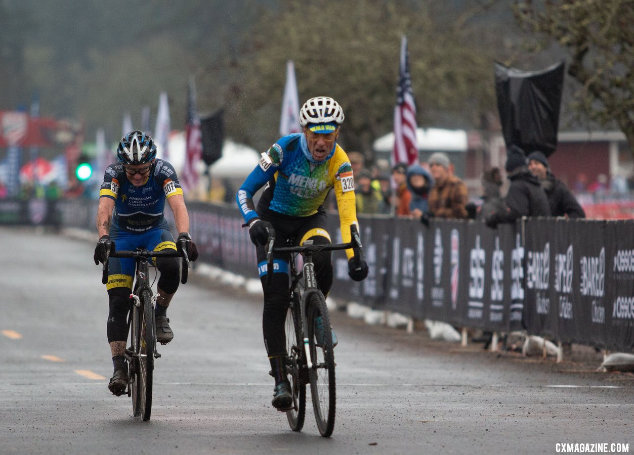 Paul Curley and George Smith had a battle for the ages. Masters Men 65-69. 2019 Cyclocross National Championships, Lakewood, WA. © A. Yee / Cyclocross Magazine