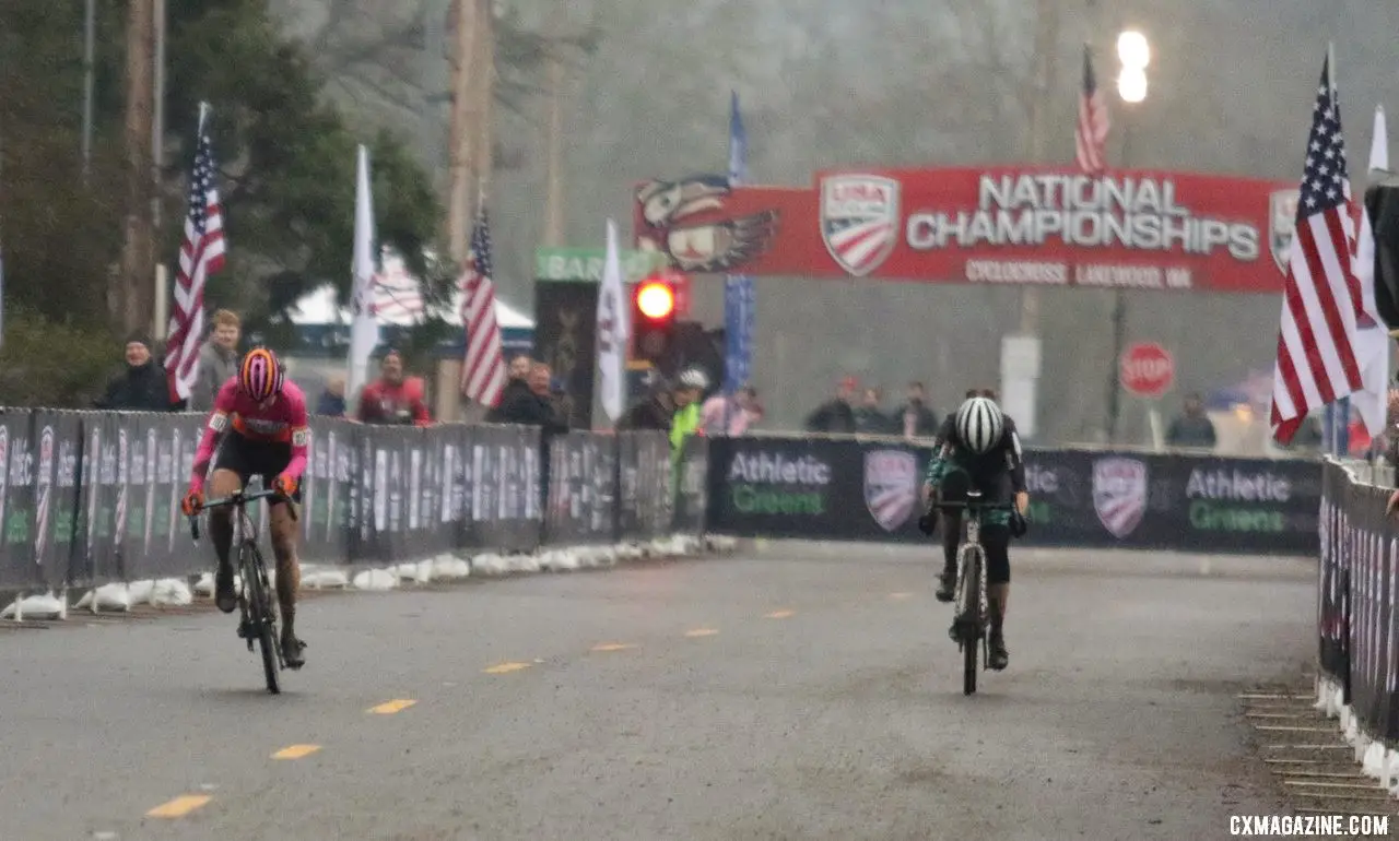 Arman and Taplin sprint it out. Masters Women 30-34. 2019 Cyclocross National Championships, Lakewood, WA. © D. Mable / Cyclocross Magazine