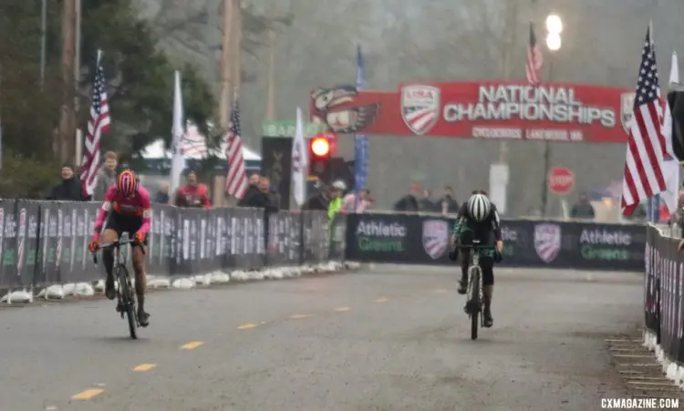 Arman and Taplin sprint it out. Masters Women 30-34. 2019 Cyclocross National Championships, Lakewood, WA. © D. Mable / Cyclocross Magazine