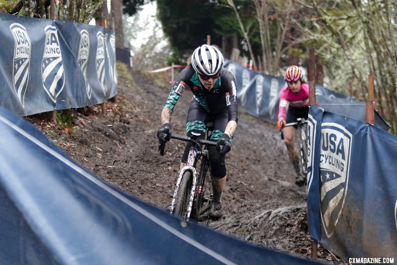 Stephanie Taplin at the front of the first tricky descent. Masters Women 30-34. 2019 Cyclocross National Championships, Lakewood, WA. © D. Mable / Cyclocross Magazine