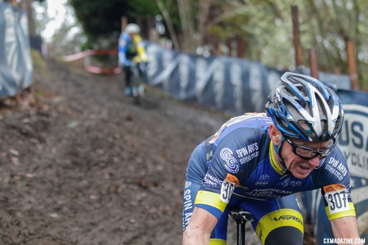 Paul Curley and George Smith had a battle for the ages. Masters Men 65-69. 2019 Cyclocross National Championships, Lakewood, WA. © D. Mable / Cyclocross Magazine