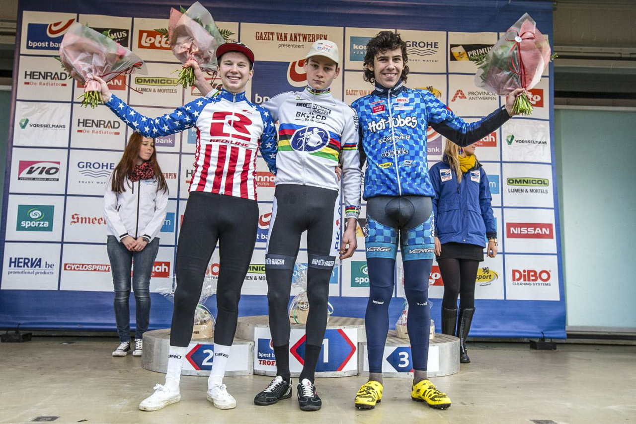 Logan Owen and Curtis White shared the podium with Mathieu van der Poel at the Junior Men's race in Loenhout in 2012. © Tom Robertson